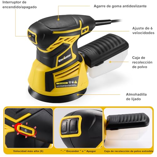 Enventor Lijadora Madera 350W, Lijadora Orbital Electrica con 6 Velocidades Variables, 6000-13000RPM, 125MM, 20PCS (80, 120, 180, 240 Grit), Lijadora Electrica para Madera y Acero - imagen 2