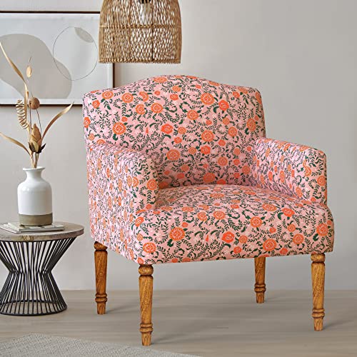 Chumbak Nawab Arm Chair, Earthy Florals Peach, 1 Seater Wooden Ar...
