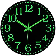 JoFomp Wooden Glow in The Dark Clock, 12 inch Silent Non-Ticking Battery Operated Clock, Energy-Absorbing Luminous Numerals and Hands, Lighted Wall Clock Decoration Black, 12 INCH
