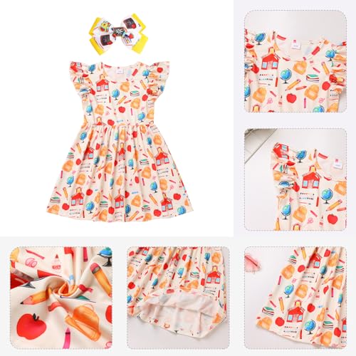 Toddler Girls Back to School Dress - Apple, Pencil, Crayon, Schoolbag, Letter Print Ruffle Dresses3