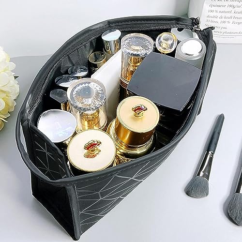 Image of Makeup Bag for Women, Diamond Pattern Makeup Bag with Zipper Large Capacity Travel Toiletry Bag - Black