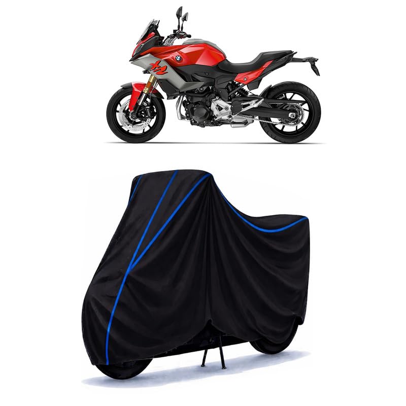 Image of F900XR Bike Cover Water Resistant Universal Motorcycle Rain | Heavy Duty UV Protection, Dust, Scratch Indoor Outdoor All Weather with Black Blue Piping Elastic