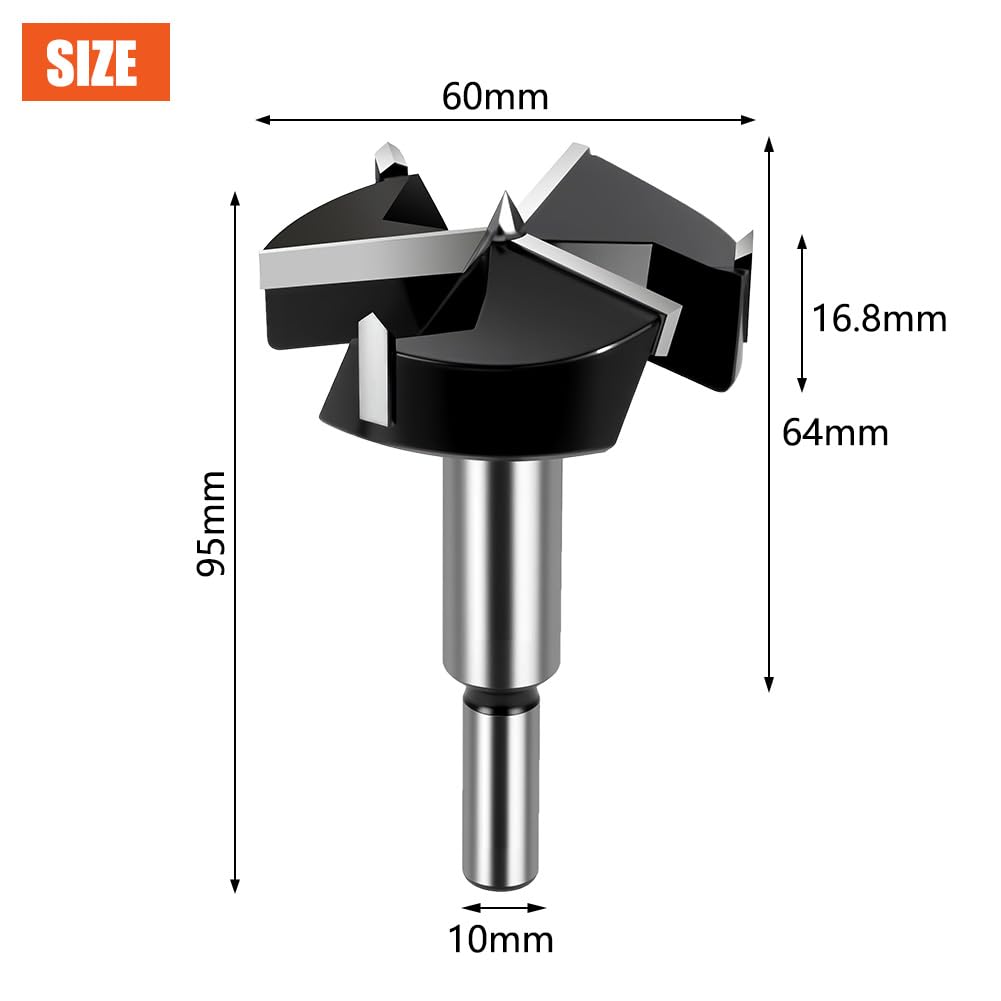 Flintronic Forstner Drill Bit, 60mm Triple-Flute Carbide Steel Boring Hole Saw, Tipped Forstner Bit Hole Cutter - Image 2