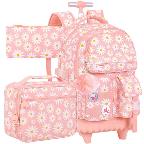 WZLVO 3PCS Rolling Backpack for Girls Water Resistance Roller Bookbag Women Aesthetic Wheeled School Bag Set with Lunch Bag & Pencil Bag for Teens & Kids - Pink Chrysanthemum