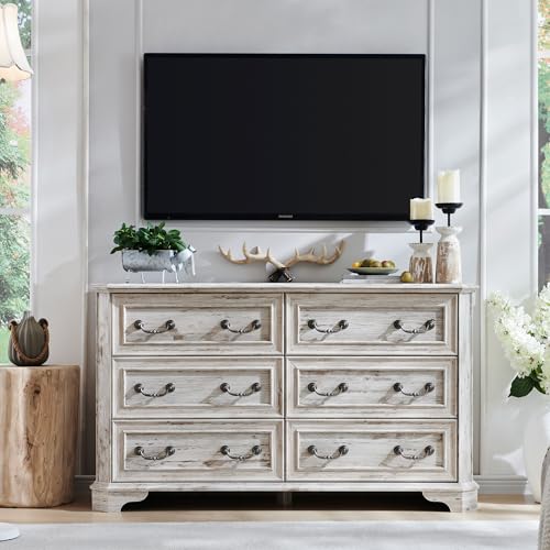 T4TREAM Farmhouse 6 Drawers Dresser for Bedroom, 54\" Wide Wood Rustic Chest of Drawers with Natural Texture, Vintage Design, Storage Dressers Organizer for Bedroom, Living Room, Distressed White - Thumbnail 3