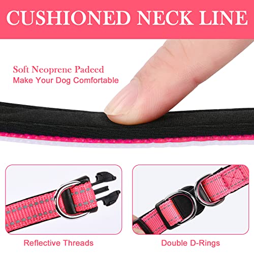 AUAUY Reflektierend Halsband Hund, Verstellbares Atmungsaktives Hundehalsband, Weich Gepolstertes Neopren Nylon Hunde Halsband mit AirTag-Hülle Doppel-D-Ring für Kleine Mittel Große Hunde(Rosarot-S)