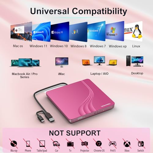 Image of External CD DVD Drive, 0.5″ Ultra Slim USB 3.0 Type-C DVD Player, CD DVD+ /-RW Optical Drive, Portable DVD CD Burner Reader Writer Recorder for Laptop, Desktop, Mac, Windows 11 /10 /8 /7, Linux, Pink