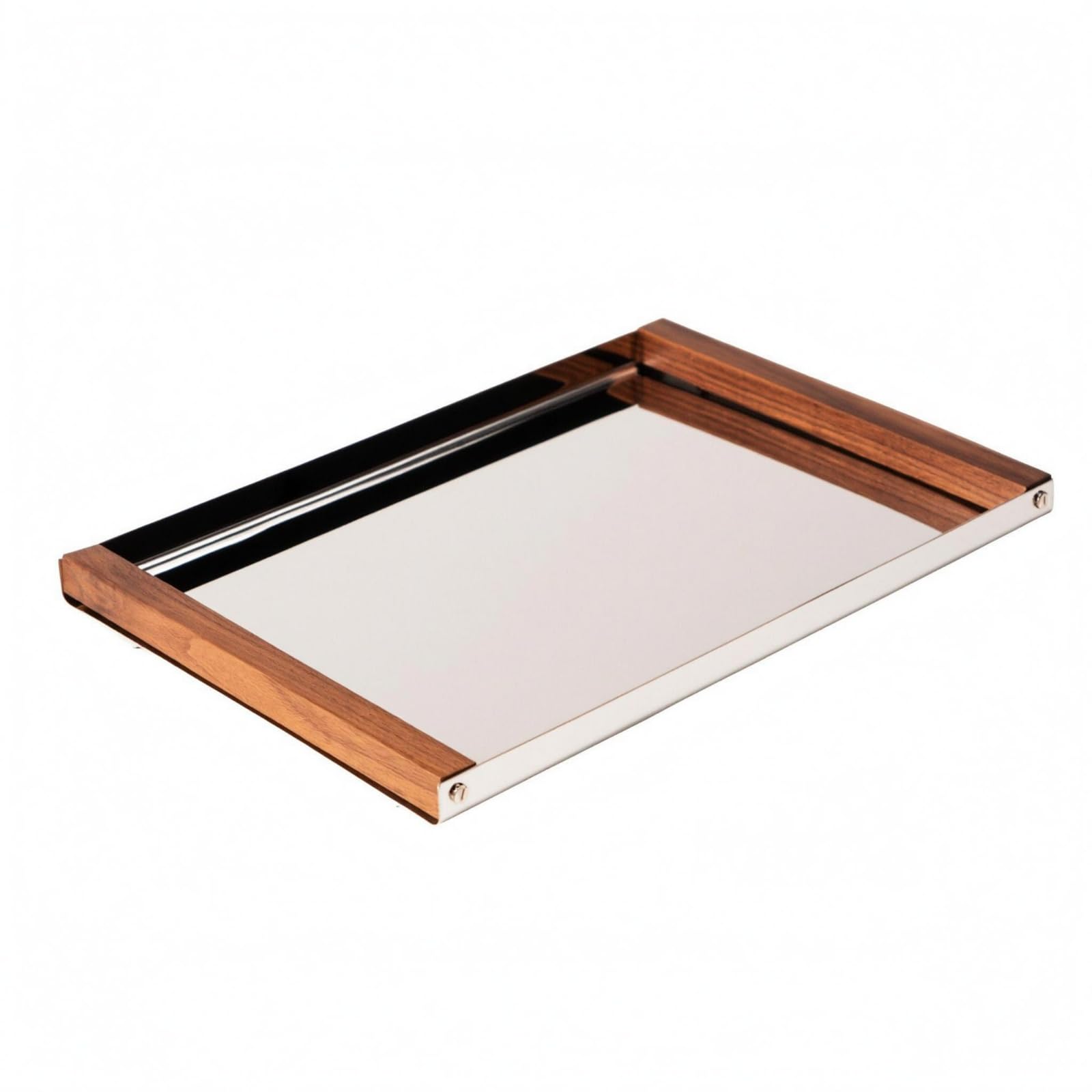 Milageto Bandeja de Acero Inoxidable Bandeja Fuente Organizador con Espejo Metálico Laterales de Madera Adecuada para Servir y Organizar Exhibición de Objetos Decoración en Hogar y Cafetería