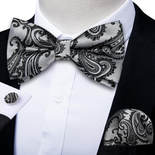 Image of DiBanGu Paisley Pre-Tied Bow Ties for Men Silk Adjustable Bowtie and Pocket Square Cufflinks for Wedding Party