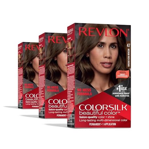 Permanent Hair Color by Revlon, Permanent Brown Hair Dye, Colorsilk with 100% Gray Coverage, Ammonia-Free, Keratin and Amino Acids, Brown Shades, 47 Medium Rich Brown (Pack of 3)