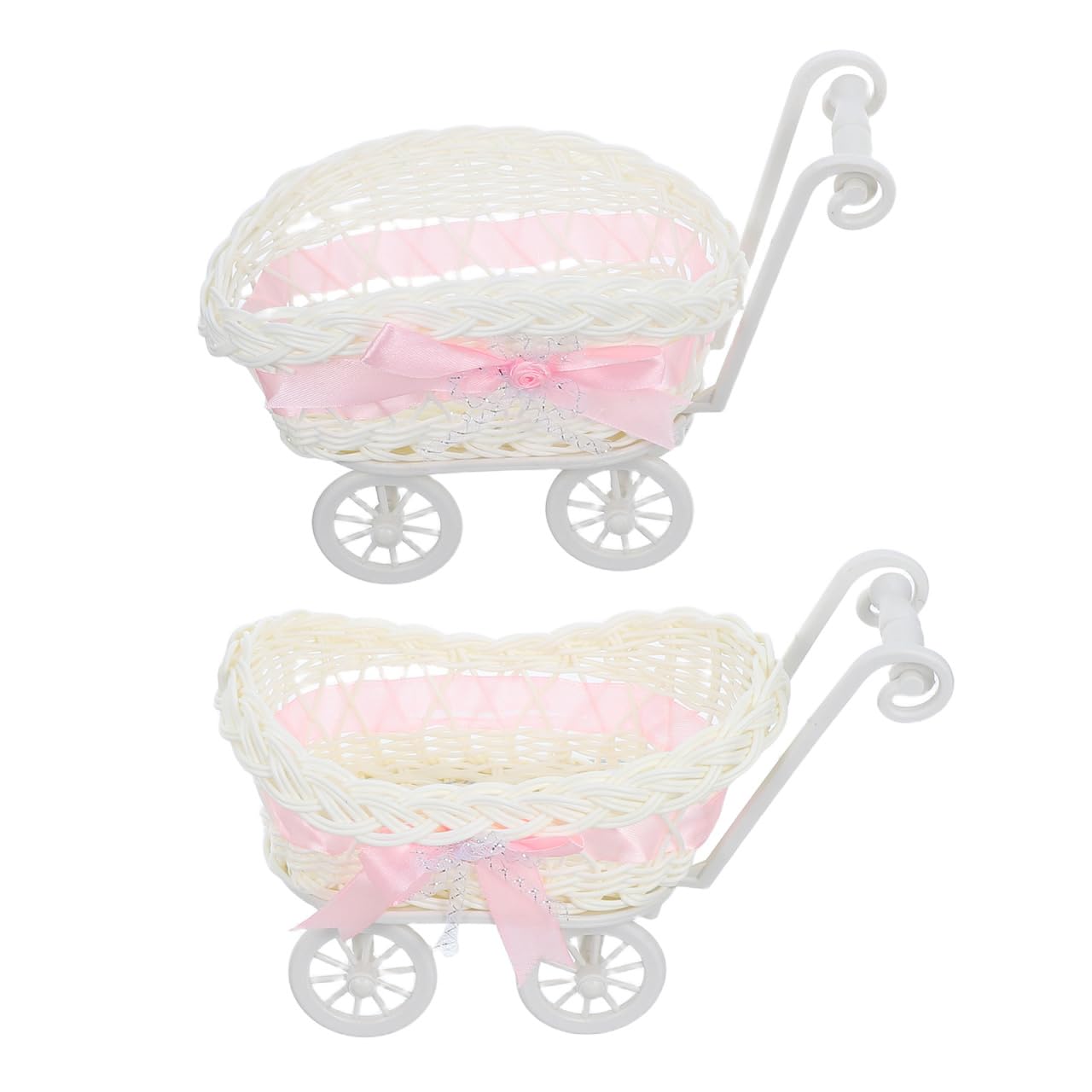jojofuny 2 Pcs Wicker Stroller Decoration Rattan Baby Carriage Baby Doll Stroller Woven Flower Basket Baby Shower Centerpiece Stroller for Baby Shower Party Favors Pink-image-20