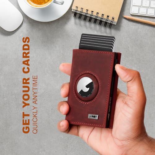 Image of AirTag Wallet - Full Grain Leather, Mens Minimalist Wallet with Apple Air Tag Holder, Slim Smart Pop up Card Case, ID Window, RFID Blocking Wallet for Men and Woman Red Crazy Horse