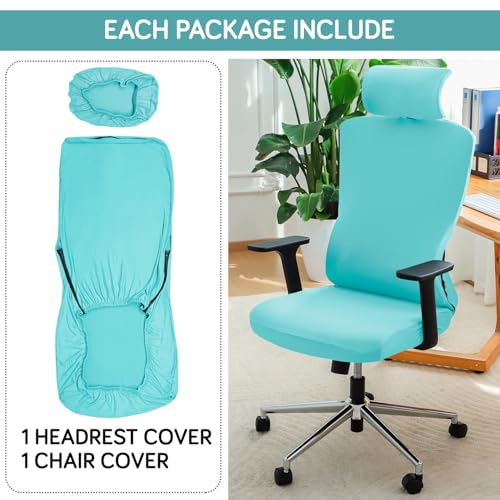 Image of HOKIPO 'SereneSolids' 140 GSM Office Chair Cover with Headrest (High-Back) - 140 GSM Stretch Fabric - Washable, Anti-Slip Fit for Ergonomic Mesh Office Chairs, Sky Blue (AR-5369-SBLU)