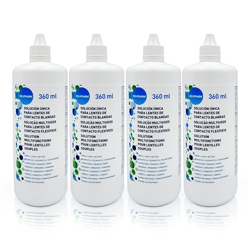 Solupharm - Solución Única para Lentes de Contacto, Pack de 4 x 360 ml - Incluye 2 Portalentes - Liquido lentillas - Limpieza profunda, desinfección y conservación. Mantiene las lentes hidratadas