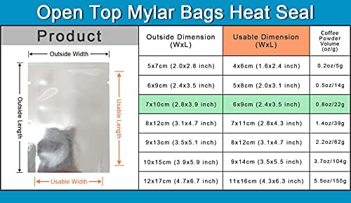 100pcs Mylar Bags Open Top Aluminum Foil Heat Seal Mylar Packaging Vacuum Pouches for Food Long Term Storage Heat Sealable Foil Flat Wraps (Silver, 7 x 10cm (2.8 x 3.9inch))