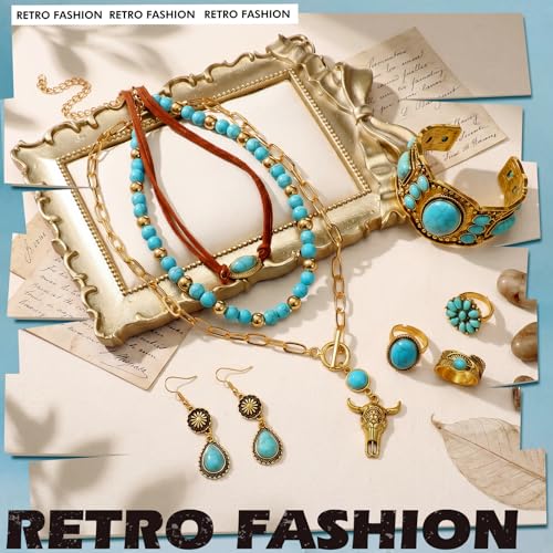 Image of Ecally Bohemian Western Jewelry Turquoise Set Women Country Pendant Long Choker Layered Bracelets Earrings Ring for Women