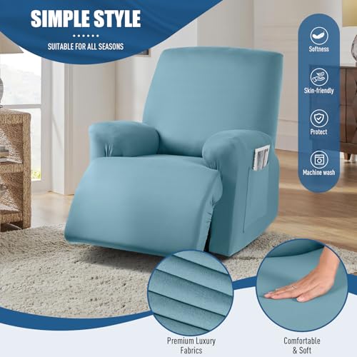 Image of TAOCOCO Stretch Recliner Chair Covers 3-Pieces Solid Furniture Covers Recliner Cover for Reclining Chair Slipcovers Feature Fitted Soft Washable Recliner Sofa Covers (1 Seat, Aqua Blue)