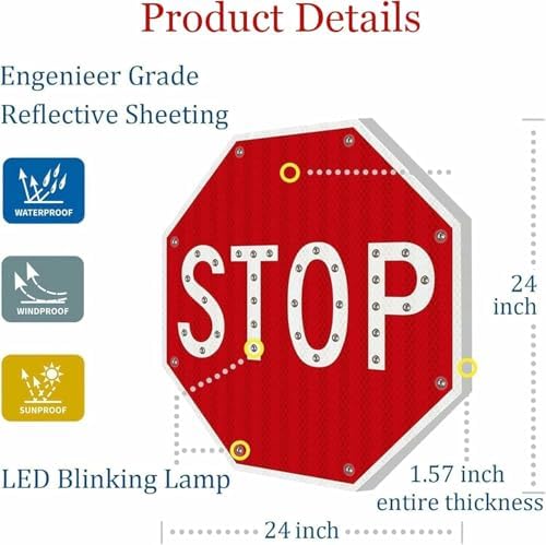 Solar Powered LED Stop Sign, Flashing Traffic Signal, Durable Aluminum Reflective Metal, 3M Engineer Grade Reflective Film for Enhanced Visibility, Outdoor Safety Sign