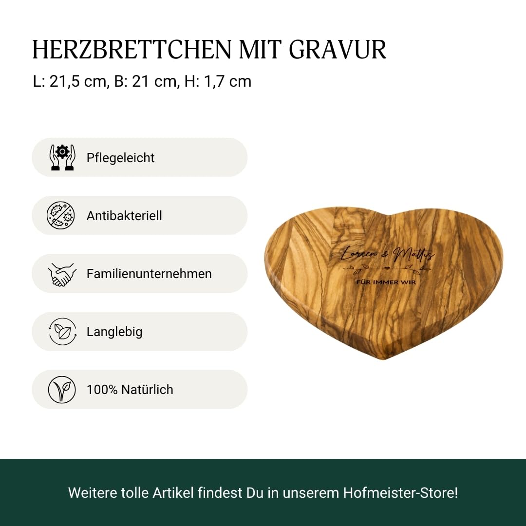 HOFMEISTER® Frühstücksbrett Herz personalisiert mit Gravur aus Olivenholz 21 cm – Wunschnamen, Initialen & Datum – Geschenk zur Hochzeit, Jahrestag oder Valentinstag