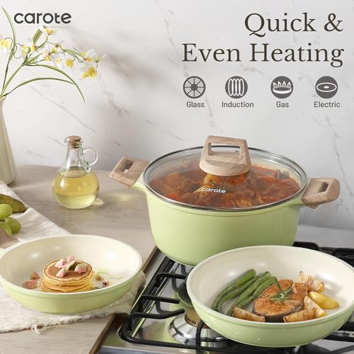 Image of CAROTE 21 Ceramic Cookware Set, Pots and Pans Set Non stick, Cook Ware Set Induction Kitchen Cooking Set Non-toxic Health Induction Cookware, PFAS Free