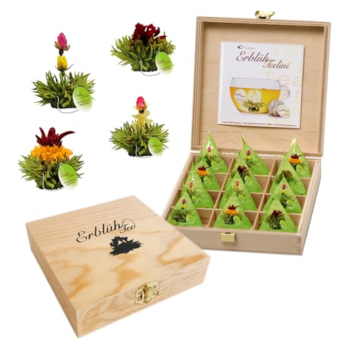 Creano Teelini Teeblumen im Tassenformat, Geschenkset in Teekiste aus Holz, 12 ErblühTeelini in 4...