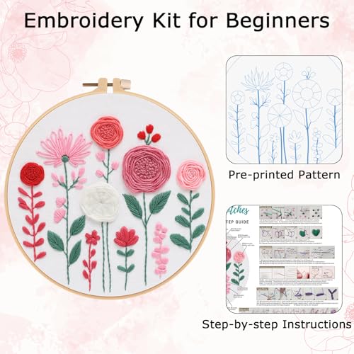 Image of Nuberlic Embroidery Kit for Beginners -Floral Easy Embroidery Kits for Adults Starter Cross Stitch Kit DIY Needlepoint with Step-by-Step Instruction