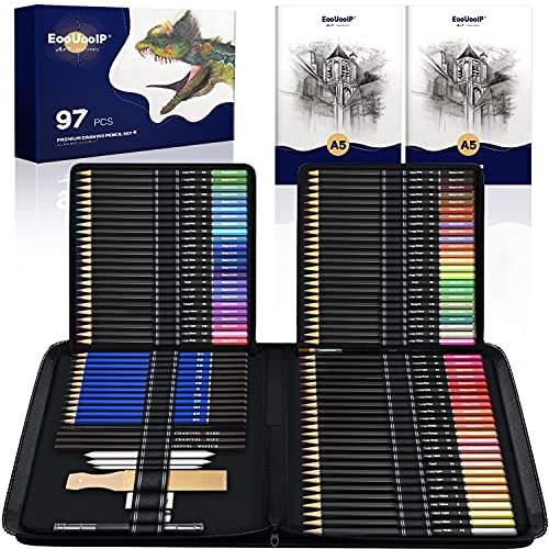Watercolor Drawing Set - 97 Pcs Beginner or Professional Tool Set, Pencil Case with Watercolor Pencils, Graphite, and Charcoal Pencils + Accessories -2pcs Sketch Book- Art Supplies for Adults