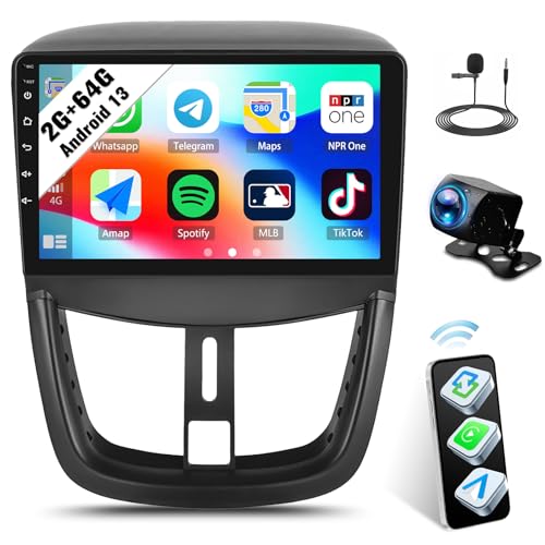 SIXWIN 2G+64G Android 13 Car Stereo for Peugeot 207 2009-2013 with Wireless CarPlay Android Auto Mirror Link 9 Inch Touchscreen Bluetooth GPS Navigation WiFi FM Backup Camera MIC