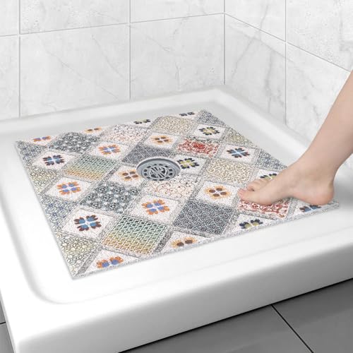 Image of Square Shower Mat Non Slip: 24x24 Inch Shower Floor Mat with Drain Hole in Middle, Super Soft and Comfortable PVC Loofah Massage Bath Mat for Shower, Anti Slip Shower Stall Mat, Quick Drying
