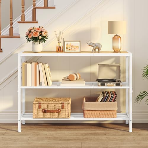Image of Hoctieon Industrial Console Table, 3 Tier Entryway Tables, Hallway Desk, Narrow Sofa Tables with Shelves, Entrance Table for Entryway, Living Room, Foyer, Hallway, Office, Oak Beige