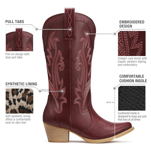 Image of HISEA Rollda Cowboy Boots for Women, Cowgirl Boots, Comfortable Western Boots with Pointed Toe Stitched Embroidery for Country Concert Dancing Wedding Traveling Daily Outfits