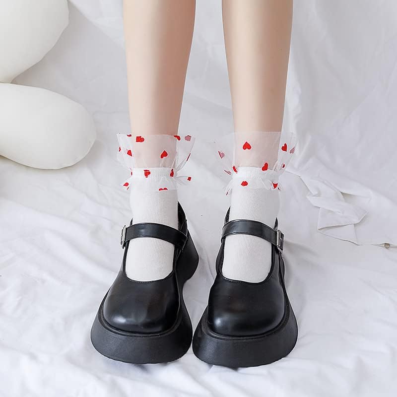 Miniatura 3 de CYee 4 pares de calcetines de princesa Lolita de malla con volantes de encaje Y2K Love Design Frilly Elastic JK Uniforme Calcetines de vestir, Patrón