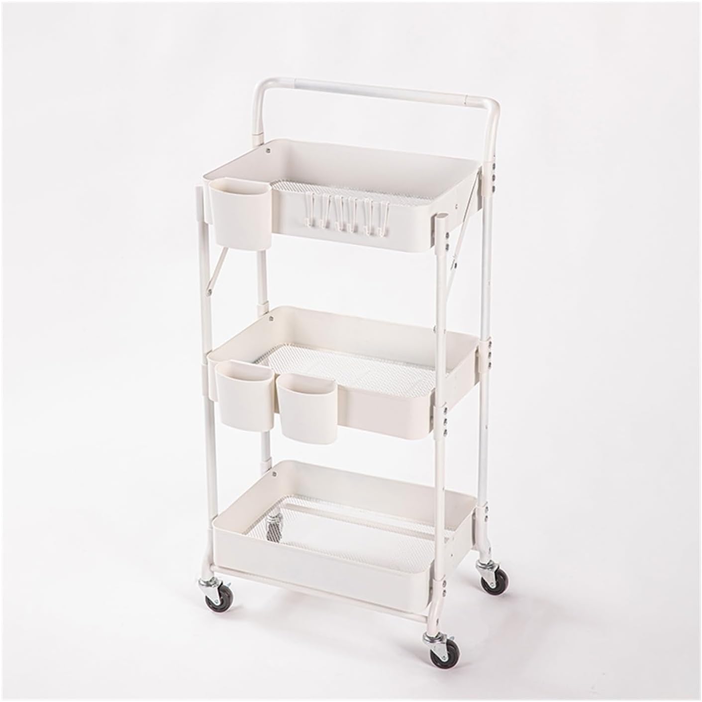 Storage Trolley Iron Three-Layer Storage Rack, Floor Standing Movable with Armrest, Living Room, Kitchen, Bedroom, Foldable Cart Shelving Organizer(White)