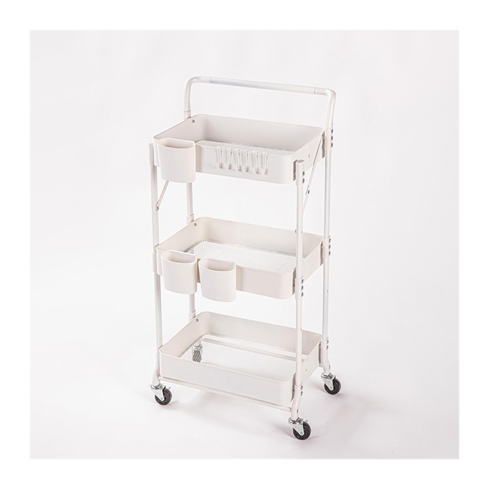 FZL02068LM Serving Trolleys Iron Three-layer Storage Rack, Floor Standing Movable With Armrest, Living Room, Kitchen, Bedroom, Foldable Cart Organization(White)