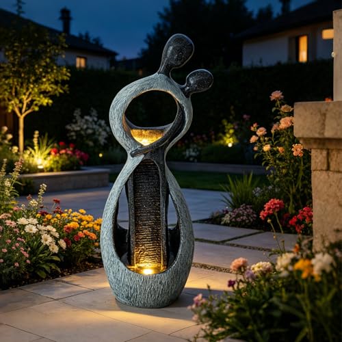 Image of Human Embrace Outdoor Water Fountain, Resin with LED, 39.8 in | Cascading waterfall design, freestanding feature, decorative ornament for patio, backyard, porch and home