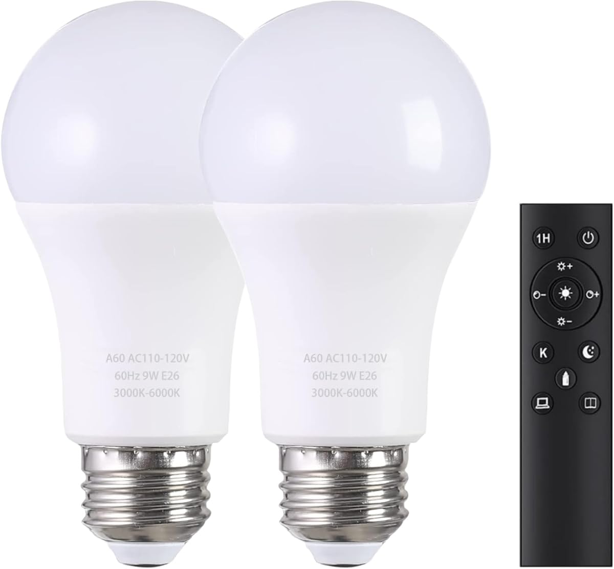 A19 LED Light Bulbs with Remote Control 1100LM 12W (80W Equivalent) LED Bulbs,Stepless Dimmable 3000K-6000K,E26 Base,CRI 80+,2.4GHz,Light Bulb for Home Decor,2Bulb&1Remote