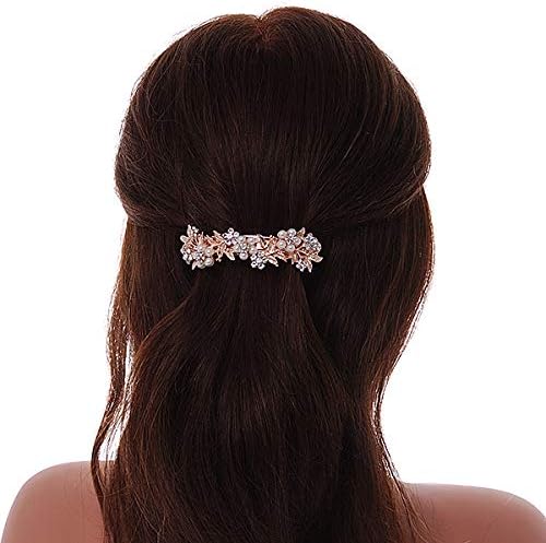 Bridal Wedding Prom Rose Gold Tone Simulated Pearl Diamante Floral Barrette Hair Clip Grip - 80mm Across, white / ivory, gold - Image 4