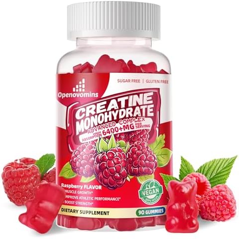 Creatine Monohydrate Gummies Complex 6400mg for Men & Women -Advanced Formula W/L-Taurine + Vitamin B12, Sugar Free Chewable Supplement,90 Raspberry Gummies Cover