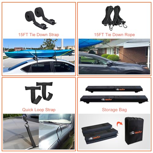 Image of MeeFar Universal Car Soft Roof Rack Pads Luggage Carrier Rack for Kayak Surfboard SUP Canoe Include 2 Heavy Duty Tie Down Straps, 2 Tie Down Rope, 2 Quick Loop Strap