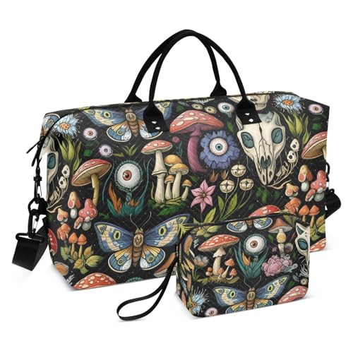 Skull Mushrooms Eyeball Black Sports Gym Bag for Women Men Travel Duffel Bag Weekend Overnight Carry on Bag with Toiletry Bag Yoga Bag for Plane Hospital Swimming Yoga Workout
