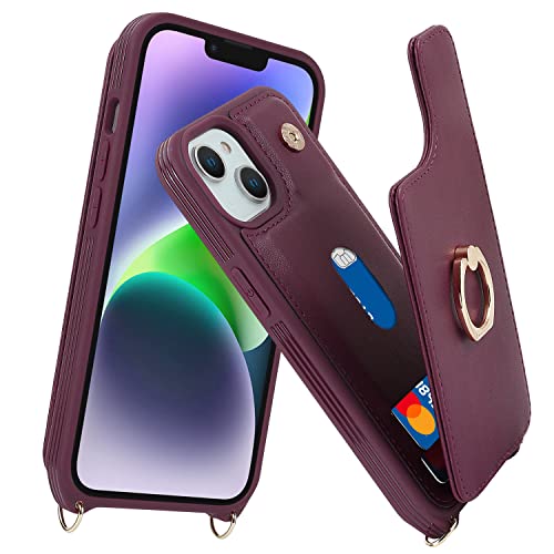 Image of for iPhone 14 Case with Card Holder and Strap for Women,Crossbody Lanyard,RFID Blocking,Stand Ring Kickstand,Snap Clasp,Phone Wallet Cases 6.1 inch(Wine Red)