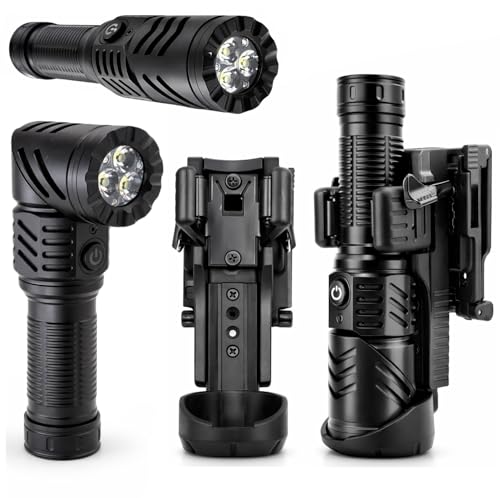 Rechargeable Flashlight with Belt Clip Holster Ultra Bright [2500LM] High-Lumen LED Flashlight for Tactical Duty Belts Magnetic Base 90 Swivel Head for Camping Law Enforcement (Aluminum Black)