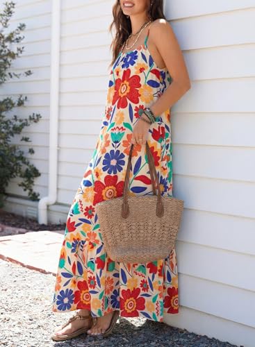 Image of Dokotoo Women Summer Dresses Scoop Neck Ruffle Flowy Boho Maxi Dress