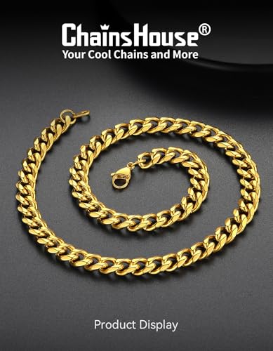 ChainsHouse Miami Cuban Chain Necklace for Men Women, 3mm/6mm/9mm/12mm Width, 316L Stainless Steel/14K Gold/Black Plated, Hypoallergenic Mens Hip Hop Chain, 14"/18"/20"/22"/24"/26"/28"/30"3