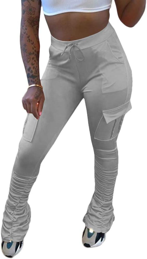 SHINFY Women's Stacked Leggings Pants,Casual Bell Bottom Yoga Pants Ruched Jogging Sweatpants