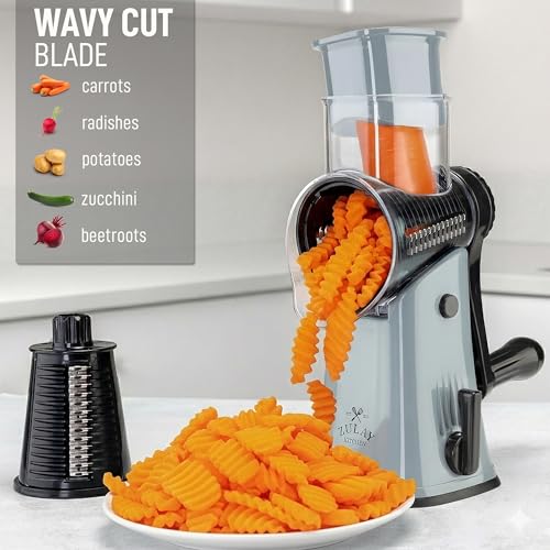 Image of Zulay Kitchen Rotary Cheese Grater 5 Blade Cheese Shredder - Manual Hand Crank Cheese Grater With Reinforced Suction & 5 Interchangeable Drums - Easy to Use, Vegetable Chopper Round Mandoline Slicer