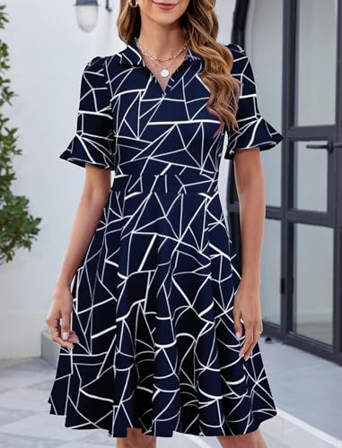 Image of Mokayee Womens Summer Ruffle Sleeve Collared V Neck Fit and Flare Elegant A line Swing Dresses with Pockets