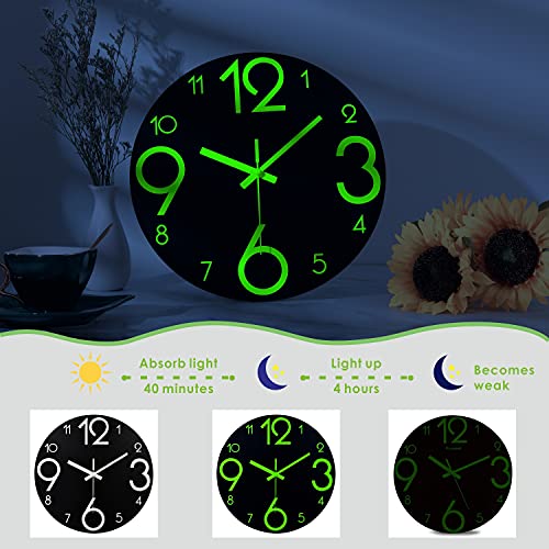 Plumeet Luminous Wall Clocks - 12'' Non-Ticking Silent Wooden Clock With Night Light - Large Decorative Wall Clock For Kitchen Office Bedroom,Battery Operated (Black Face) #TOP2