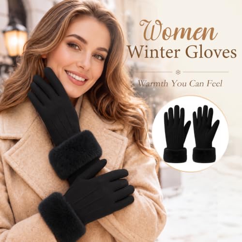  Women's Suede Faux Fur Trim Gloves - image 2