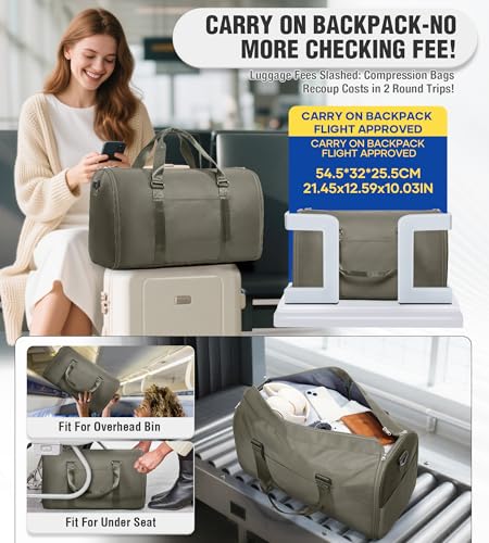 VECAVE Convertible Garment Duffle Bags for Travel, Carry On Garment Bag for Women Men 2 in 1 Hanging Suit Bag, Large Weekender Bags for Business Trip Wedding Hanging Clothes Green2